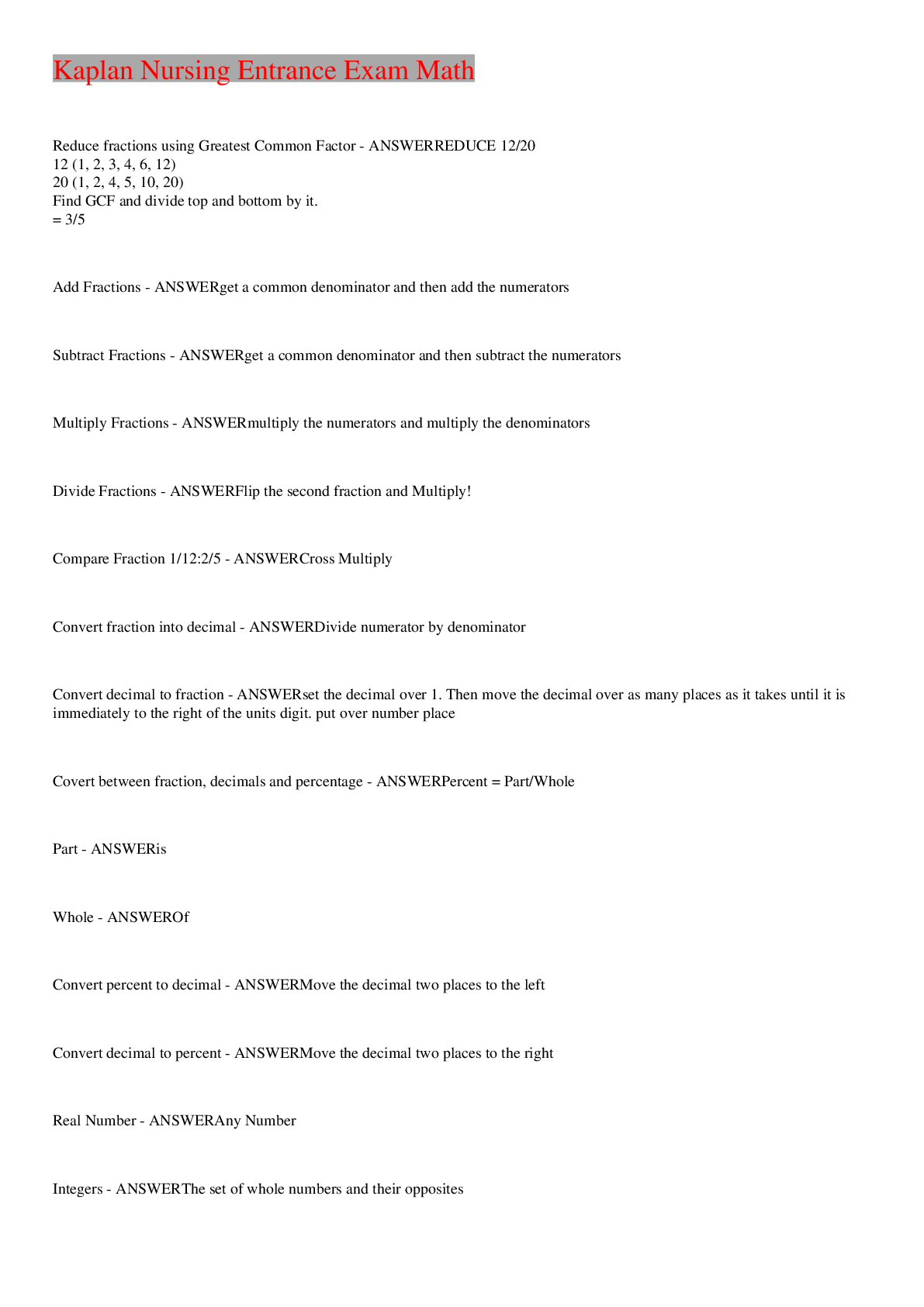 Preview image of Kaplan Nursing Entrance Exam Math document